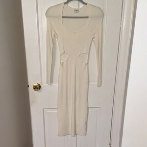 Abercrombie & Fitch Cream Ribbed Long-Sleeve Cutout Midi Dress